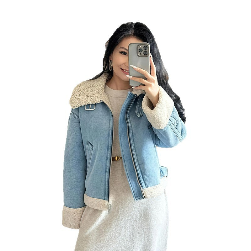 Damen modische Denimjacke mit Fellkragen und oversized Schnitt Drune