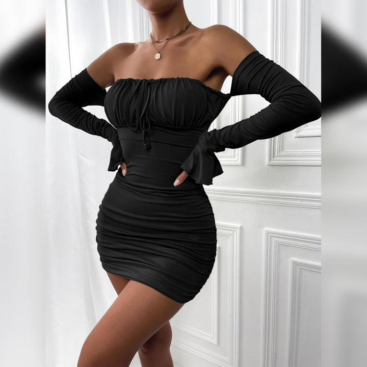 Damen Off-Schulter Minikleid mit Schößchen und langen Ärmeln Drune