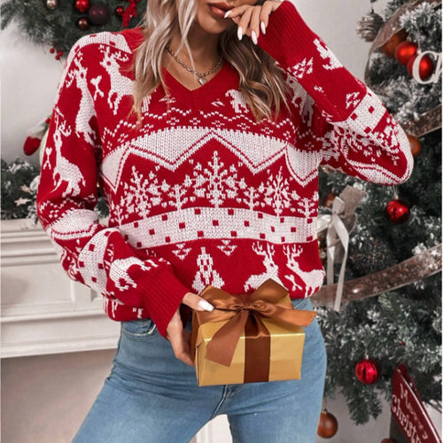 Damen Strickpullover mit festlichem Rentier-Design und tiefem V-Ausschnitt Drune