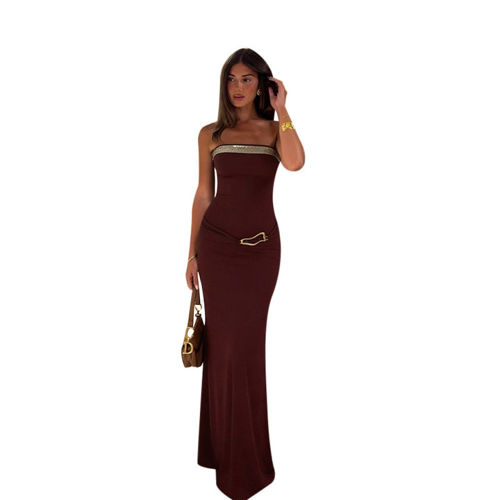 Damen langes Maxikleid mit schulterfreiem Design und eleganter Metallverzierung Drune