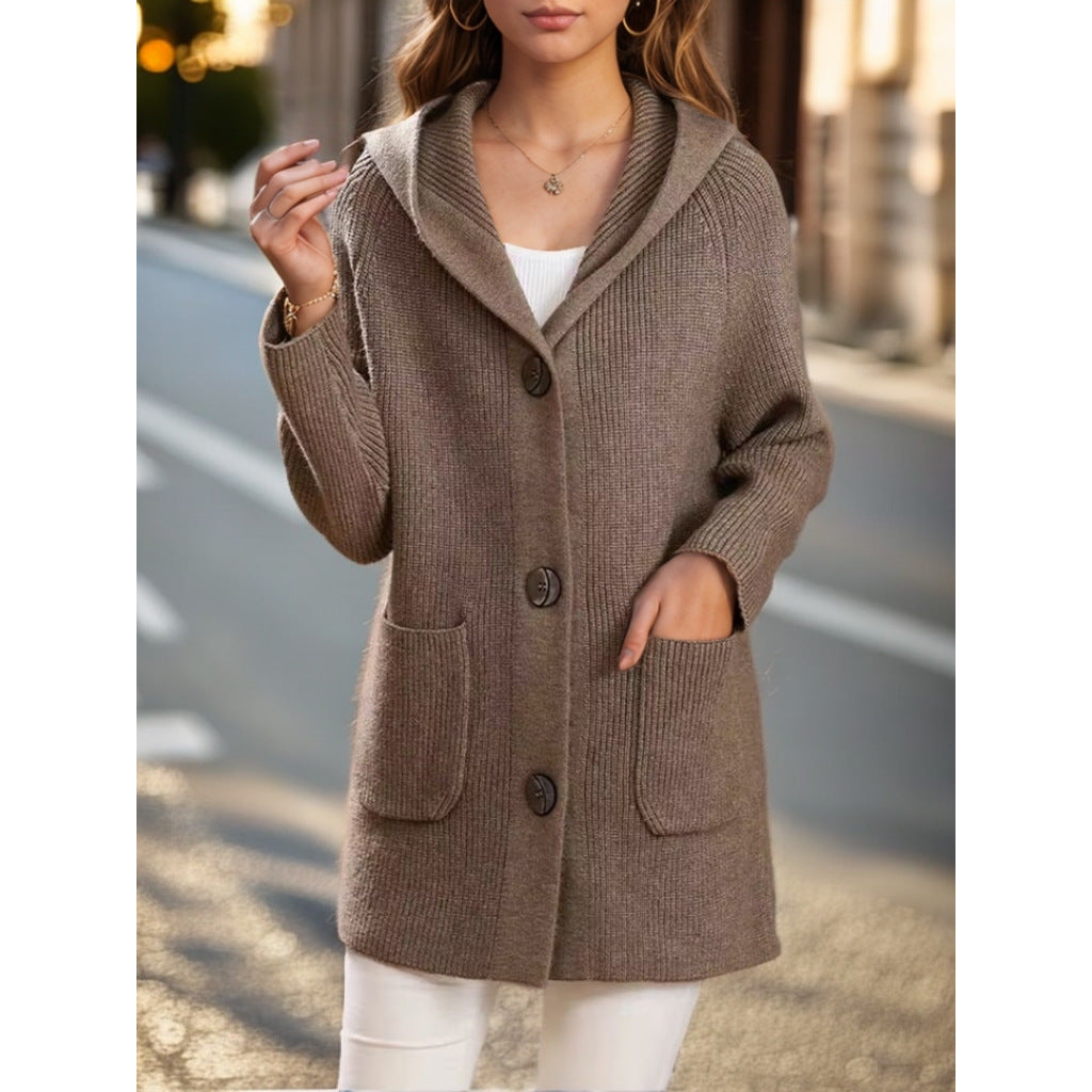 Damen nan lange gerippte Kapuzen-Strickjacke mit aufgesetzten Taschen und markanten Knöpfen Drune