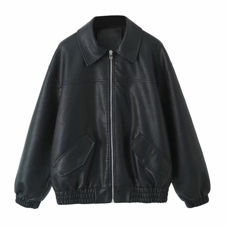 Damen lässige Lederjacke mit elastischem Saum und praktischen Taschen Drune