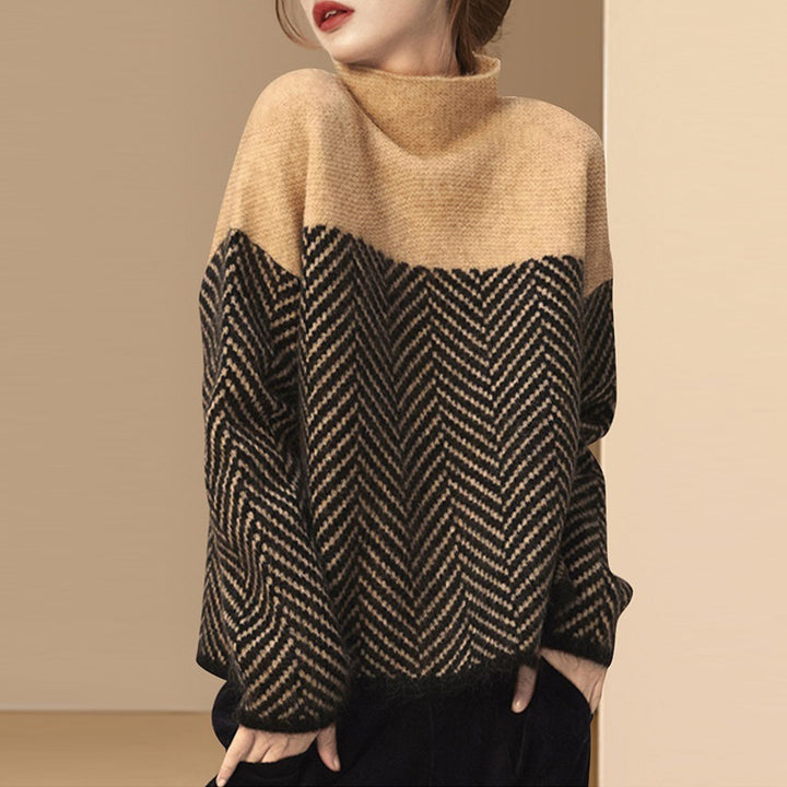 Damen Grobstrickpullover mit hochgeschlossenem Kragen und modernem Chevron-Muster Drune
