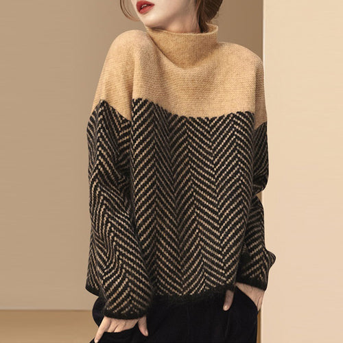 Damen Grobstrickpullover mit hochgeschlossenem Kragen und modernem Chevron-Muster Drune