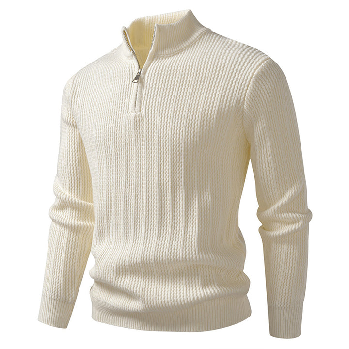 Herren nan feinstrukturierter Halbzip-Pullover mit Stehkragen, geripptem Strukturstrick und schmaler Passform Drune