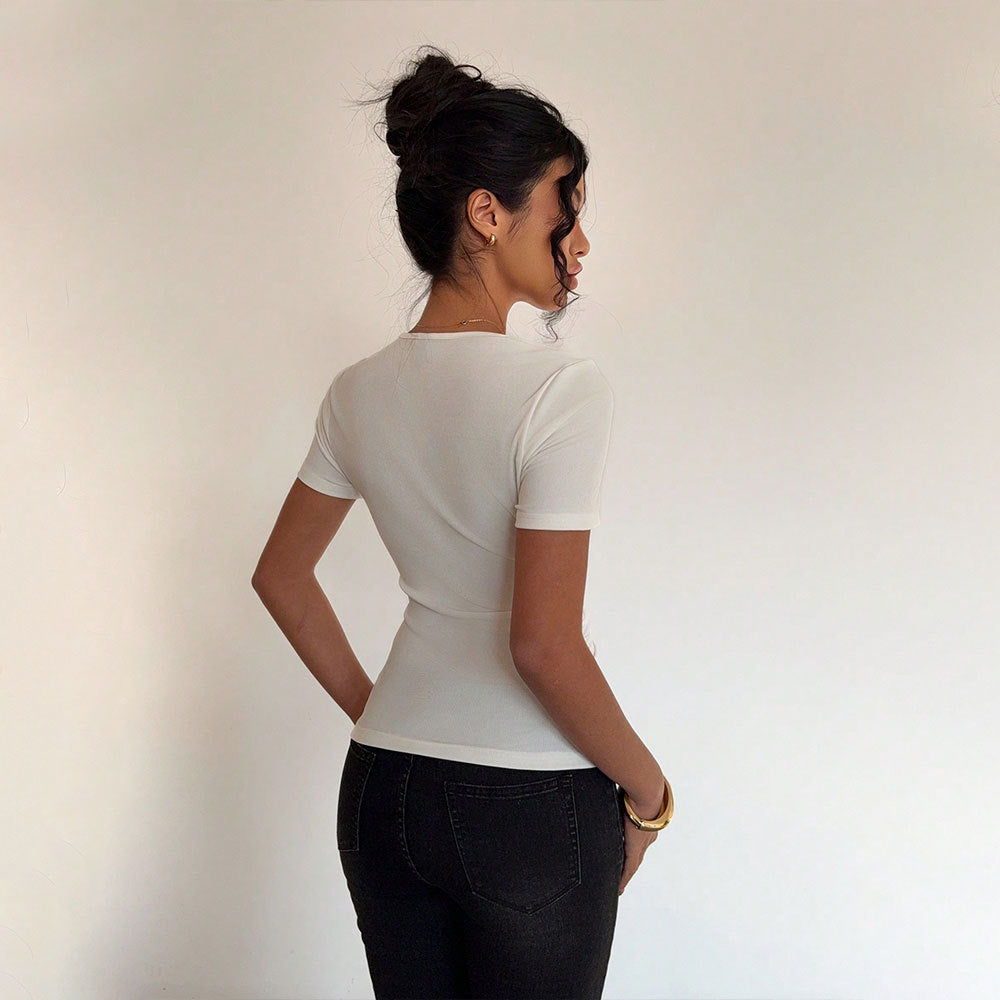 Damen modisches Kurzarmshirt mit asymmetrischem Ausschnitt und Raffung Drune