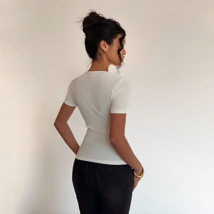 Damen modisches Kurzarmshirt mit asymmetrischem Ausschnitt und Raffung Drune