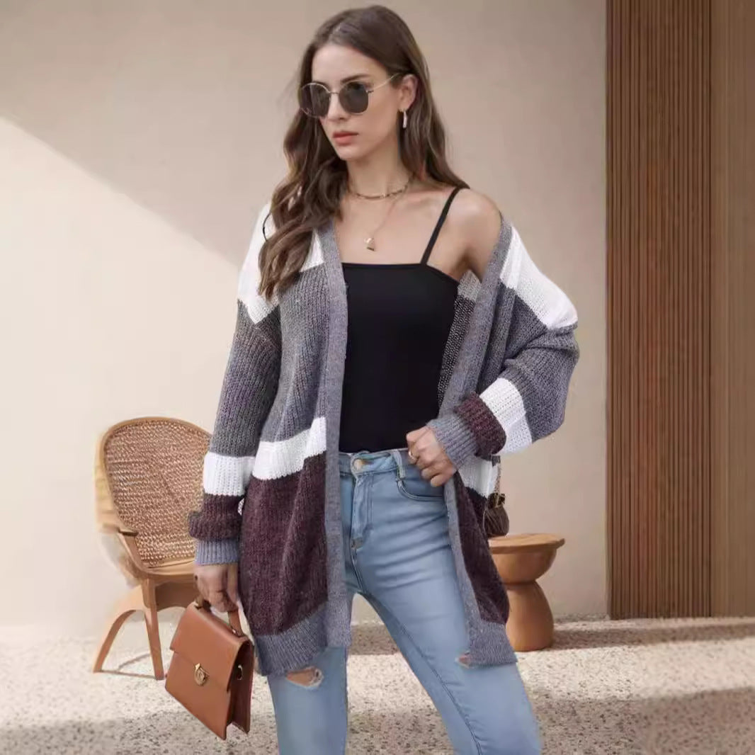 Damen lockere Strickjacke mit modischem Streifenmuster Drune