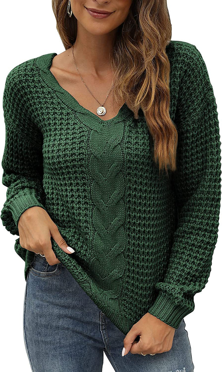 Damen lässiger Strickpullover mit tiefem V-Ausschnitt und detailliertem Zopfmuster Drune