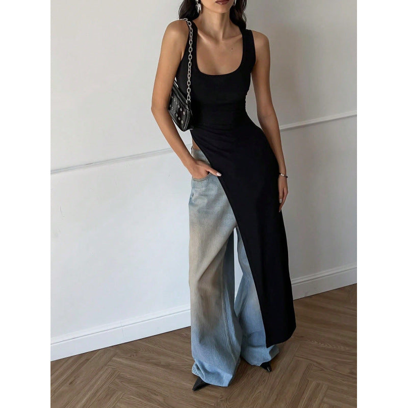 Damen Langarm-Umstands-Tunika mit asymmetrischem Schnitt und stylischen Denim-Elementen Drune