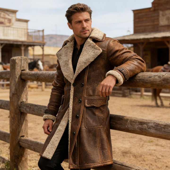 Herren nan langer vintage Biker-Ledermantel mit durchgehendem Sherpa-Futter, Pattentaschen und verstellbaren Schnallenmanschetten Drune