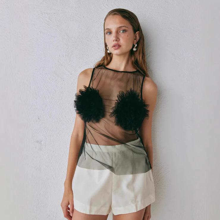 Damen Transparente Bluse mit voluminösen Rüschen Drune