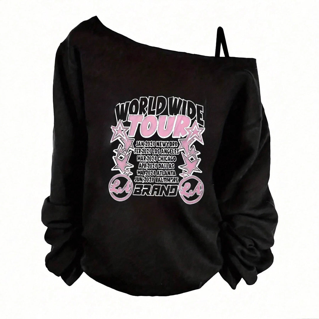Damen nan asymmetrisches Off-Shoulder Sweatshirt mit Tour-Print und oversized Passform Drune