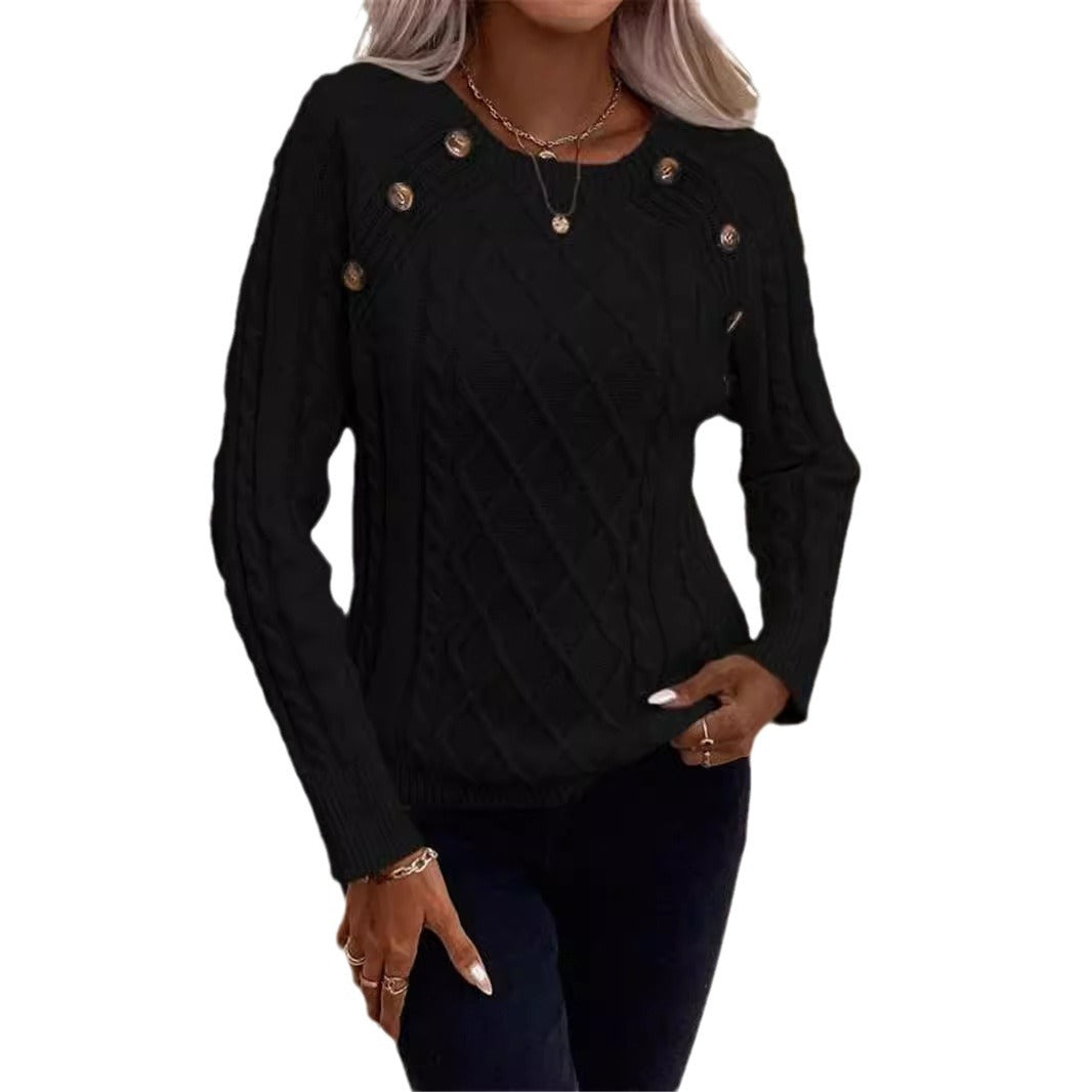 Damen Strickpullover mit strukturiertem Rautenmuster und dekorativen Knöpfen Drune