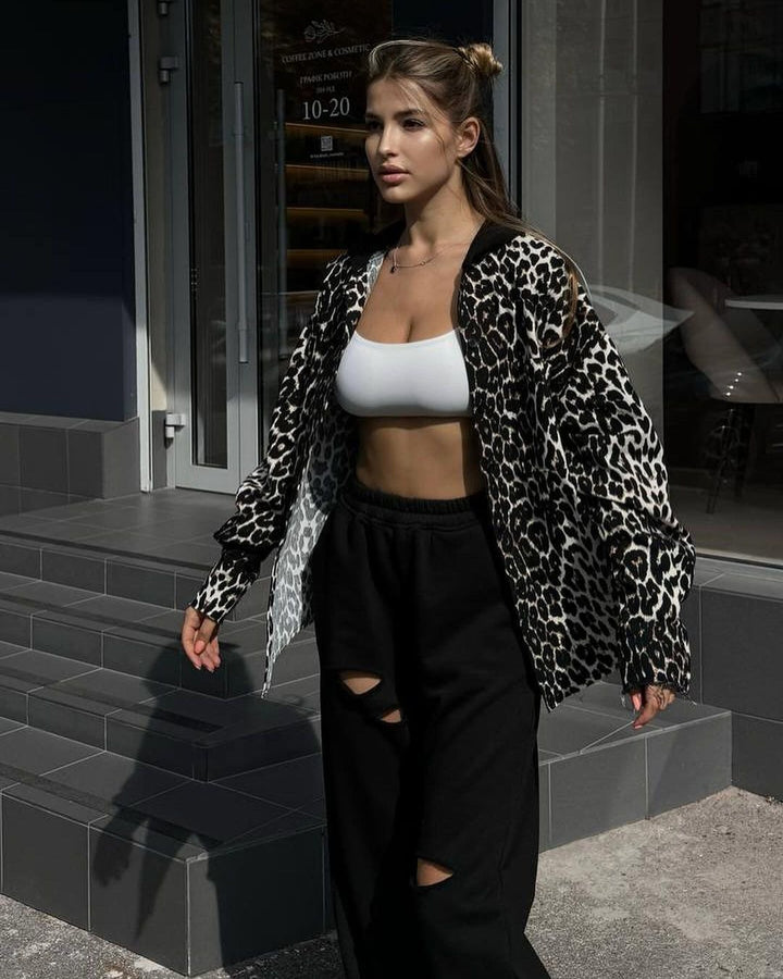 Damen Urbaner Oversized Shirtjacke mit Leopardenmuster Drune