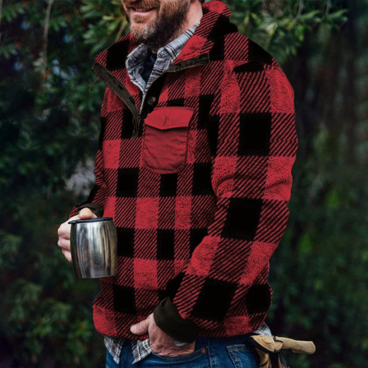 Herren Fleece-Pullover mit Karomuster und Hohem Kragen Drune