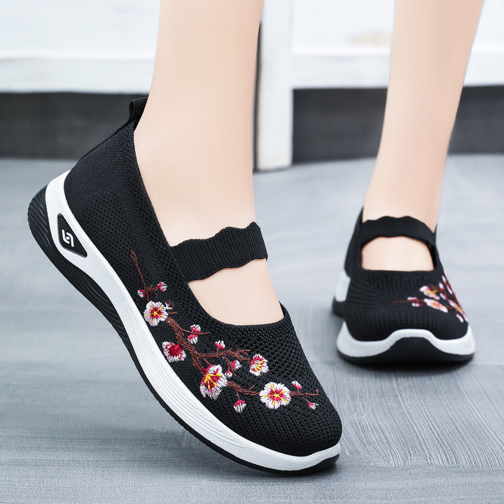 Damen nan bestickter gestrickter Slip-On Sneaker mit Mary-Jane Riemen und stoßdämpfender EVA-Sohle Drune