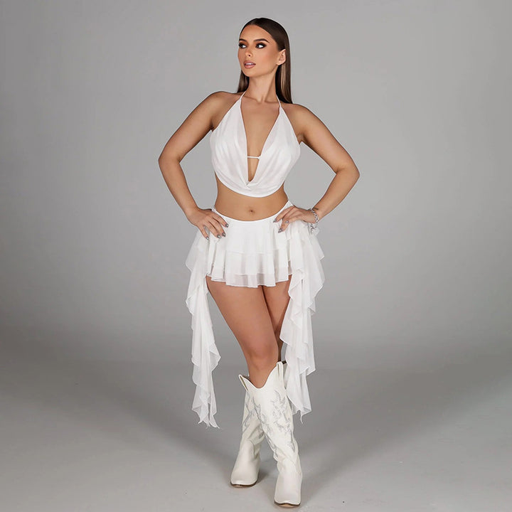 Damen Platziertes Mini-Kleid mit voluminösem Chiffon-Rüschensaum Drune