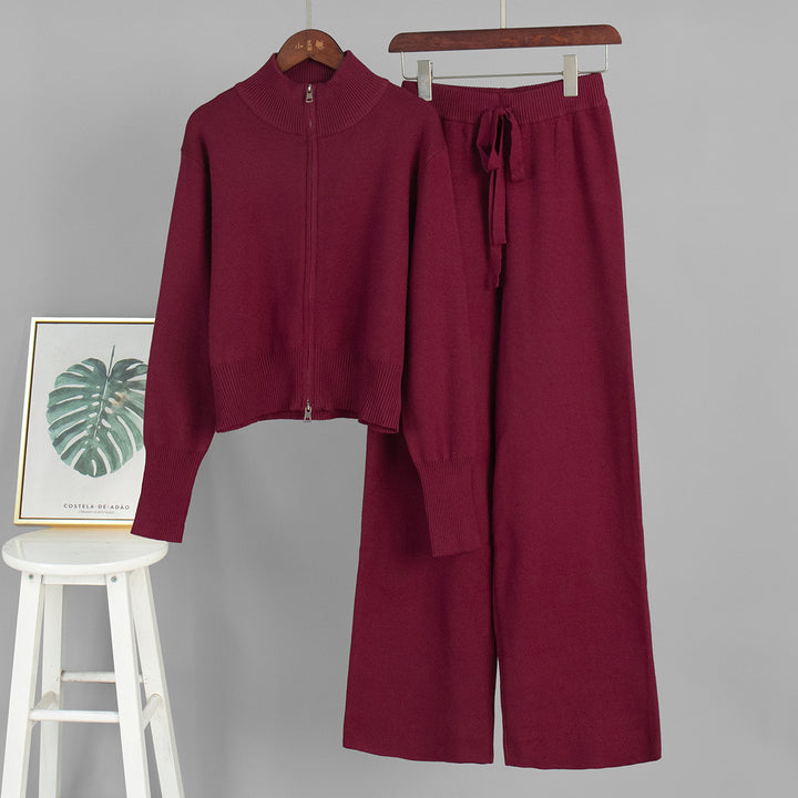 Damen Modisches Strickensemble mit Zip-Kragen und weitem Schnitt Drune
