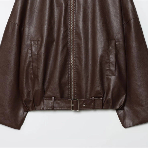 Damen cropped Kunstlederjacke im urbanen Stil mit breitem Kragen und praktischen Taschen Drune