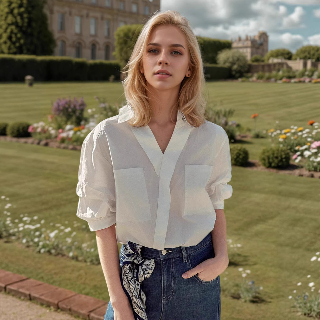 Damen Elegante Oversized Bluse aus hochwertigem Baumwollmix mit verdeckter Knopfleiste Drune