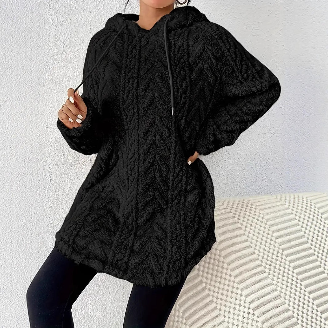 Damen Flauschiger Kapuzenpullover mit Zopfdesign Drune