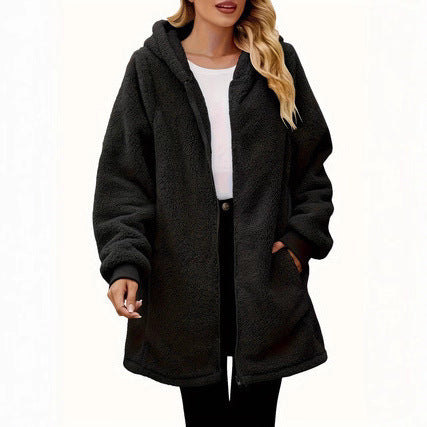 Damen Fleece-Mantel mit Taschen und Kapuze Drune