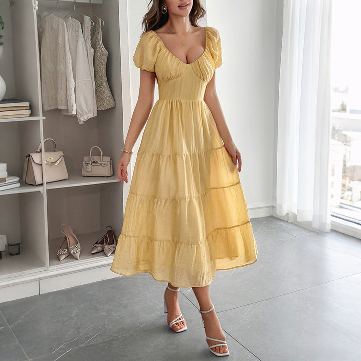 Damen Boho Maxikleid mit Puffärmeln undlagenanpassbarem Schnitt Drune