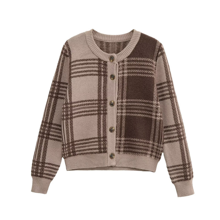 Damen Karierte Strickjacke mit Knopfleiste und Rundhalsausschnitt Drune