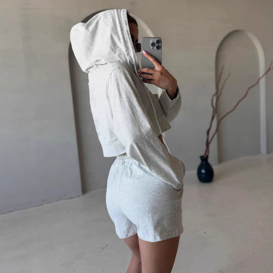 Damen trendy cropped Kapuzenjacke und Shorts Set Drune