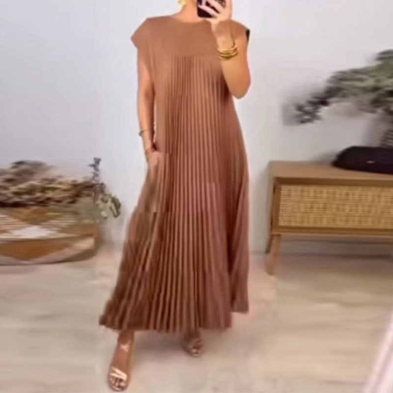 Damen Plissee Maxikleid mit praktischem Taschen und elegantem Schnitt Drune