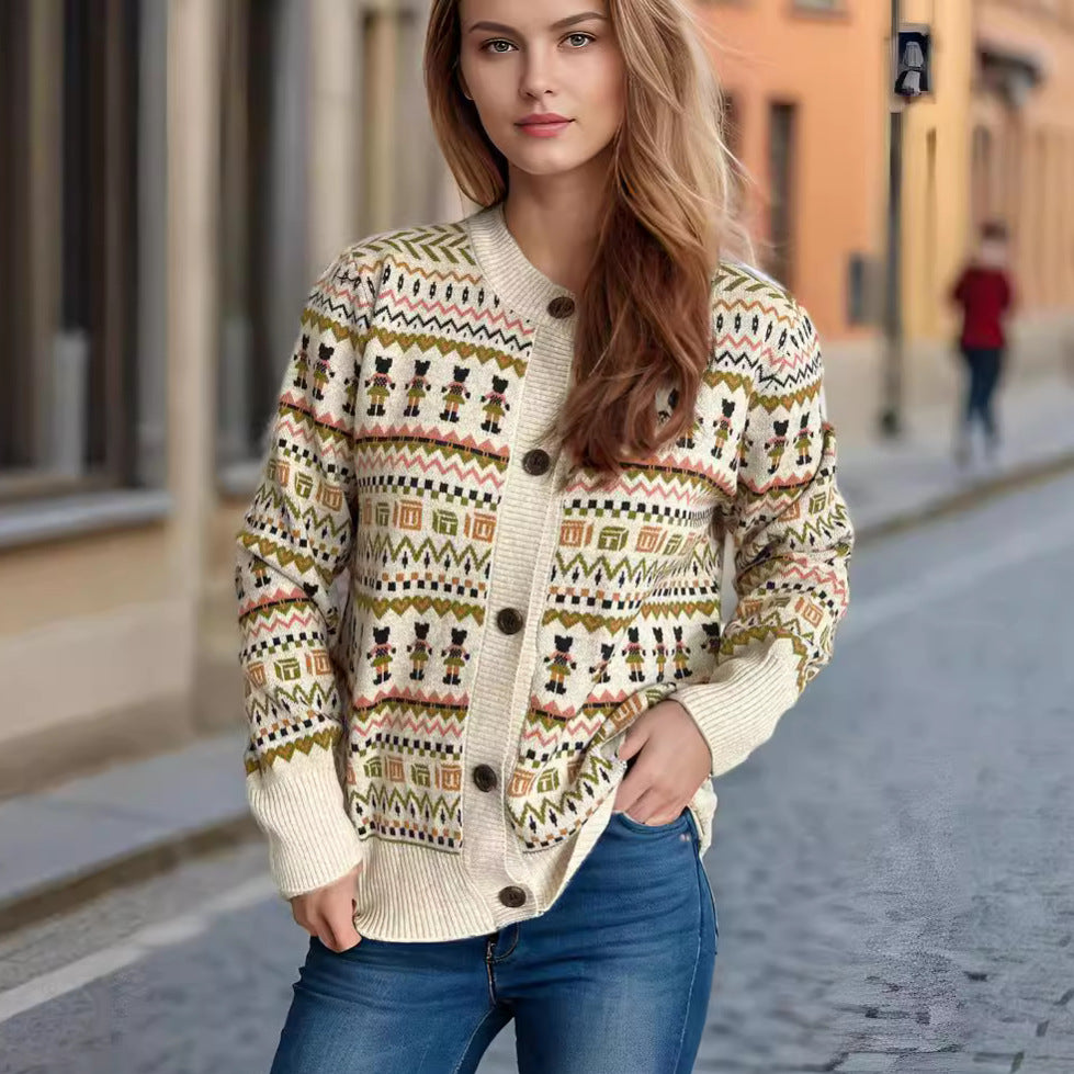 Damen Strickjacke mit farbenfrohem geometrischem Muster und praktischen Knöpfen Drune