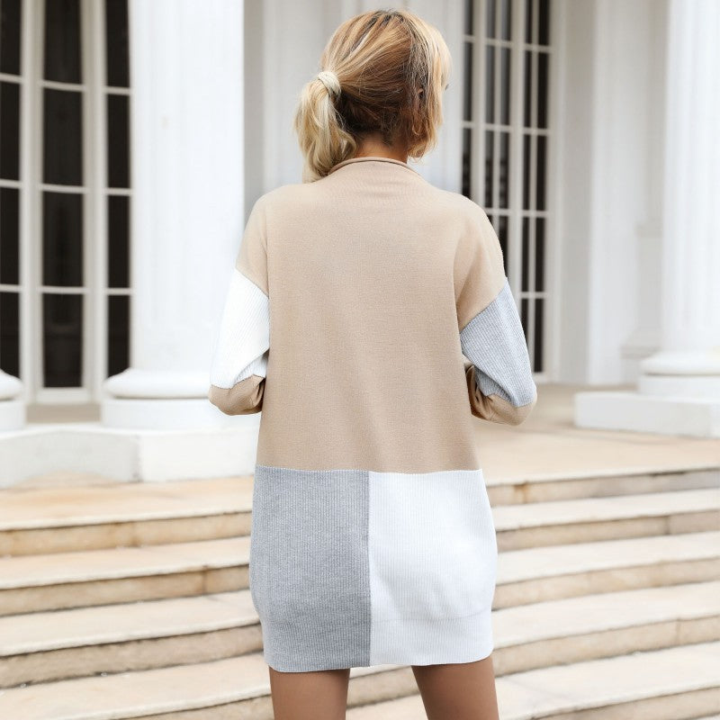 Damen Strickkleid mit modischem Farbblock-Design und tailliertem Gürtel Drune