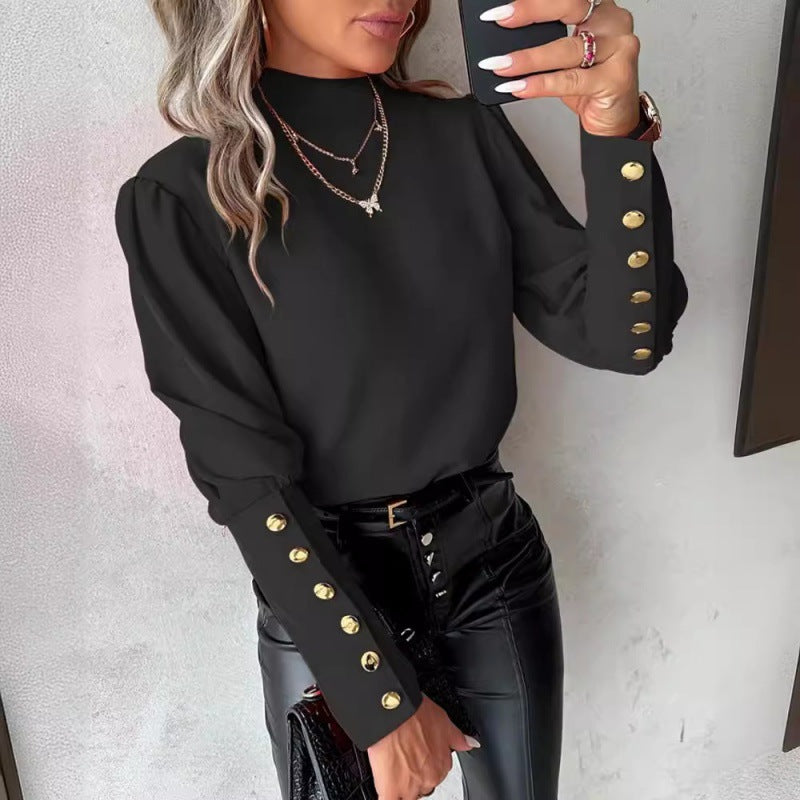 Damen elegante Bluse mit Puffärmeln und goldenen Knopfdetails Drune