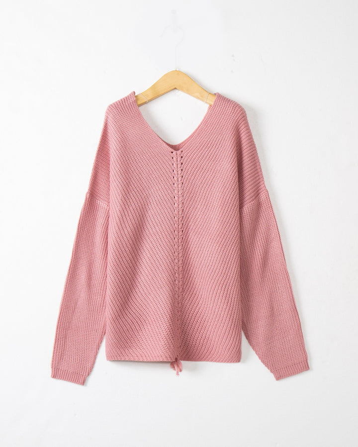 Damen Grobstrick Pullover mit attraktivem V-Ausschnitt und praktischen Kordeldetails Drune