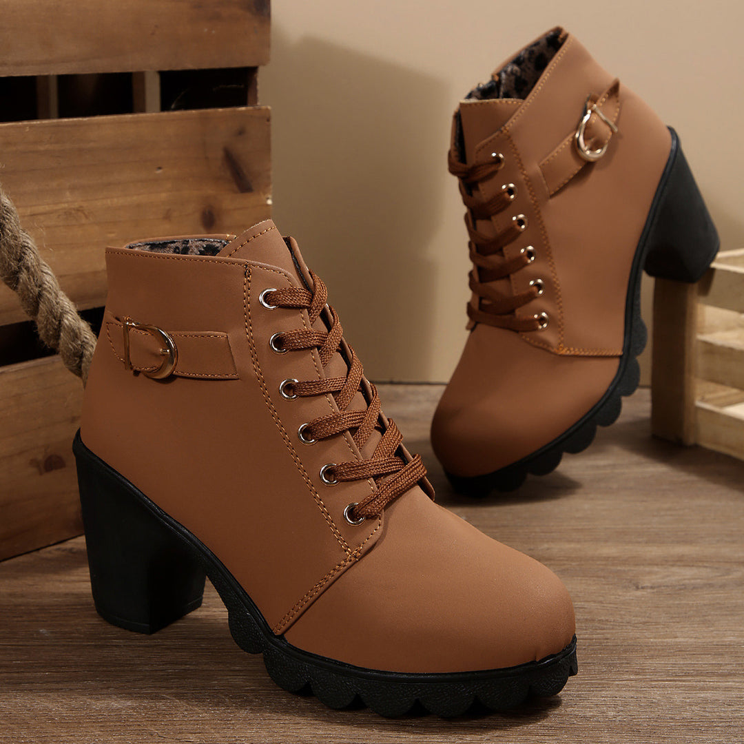 Damen nan knöchelhohe Schnürstiefelette mit robustem Blockabsatz und profilstarker Lugsohle Drune