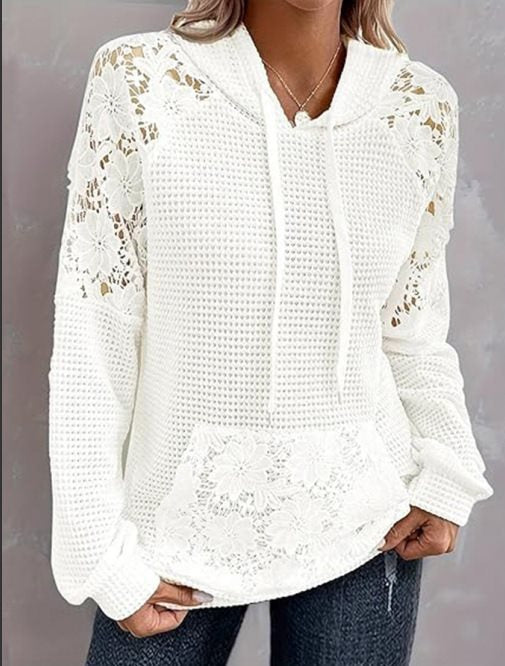 Damen Übergroßer Pullover mit Spitzendetails und Kängurutasche Drune