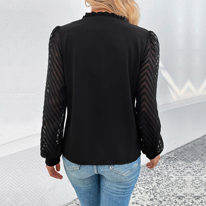Damen elegante Bluse mit Rüschendetails und transparenter Spitze Drune