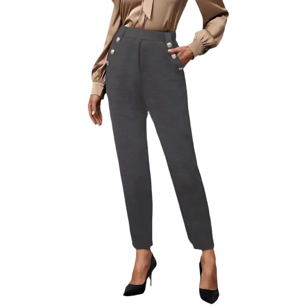 Damen elegante Anzughose mit doppeltem Knopfverschluss und schmalem Bein Drune