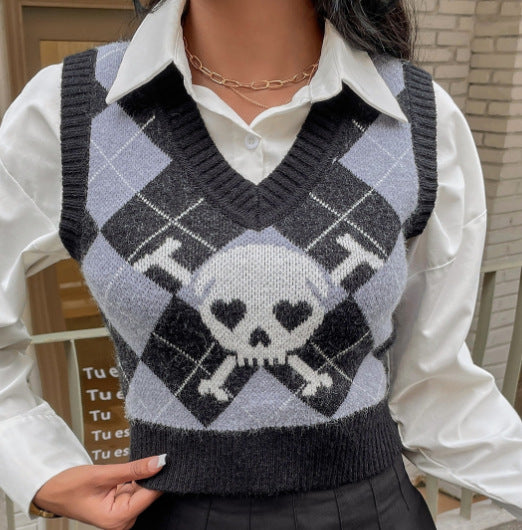 Damen Strickweste mit kreativem Totenkopf-Muster Drune