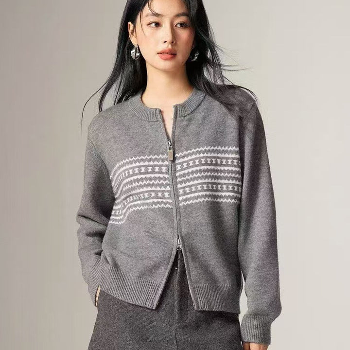 Damen Strickjacke mit elegantem Zipper und grafischem Muster Drune