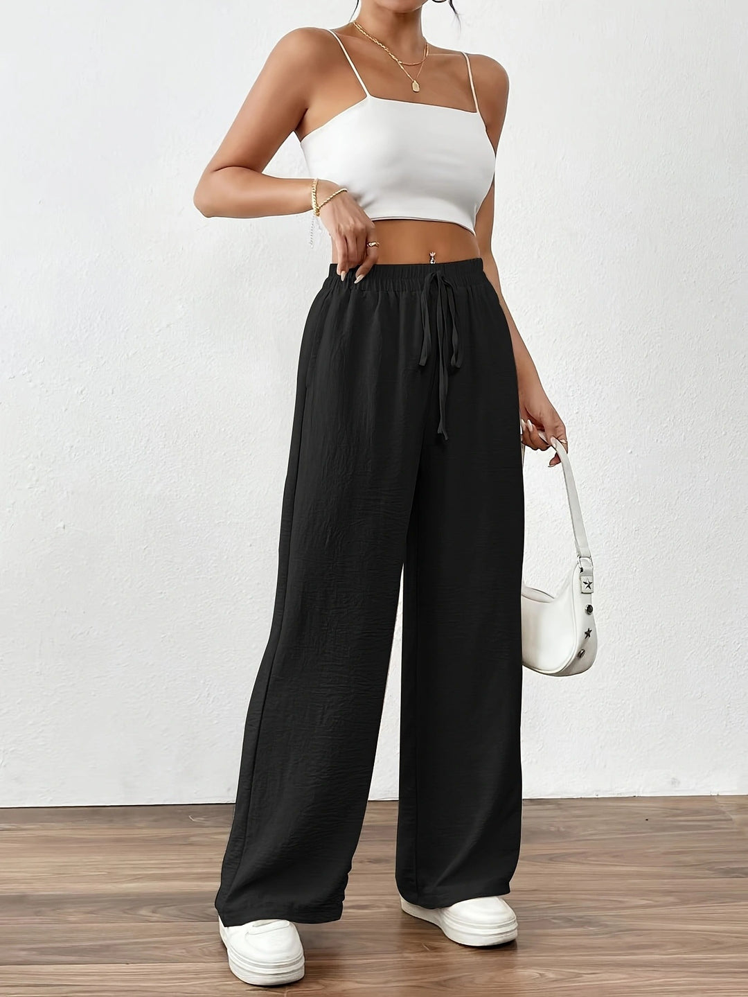 Damen Weite Chiffon-Hose mit elastischem Bund und Tunnelzug Drune