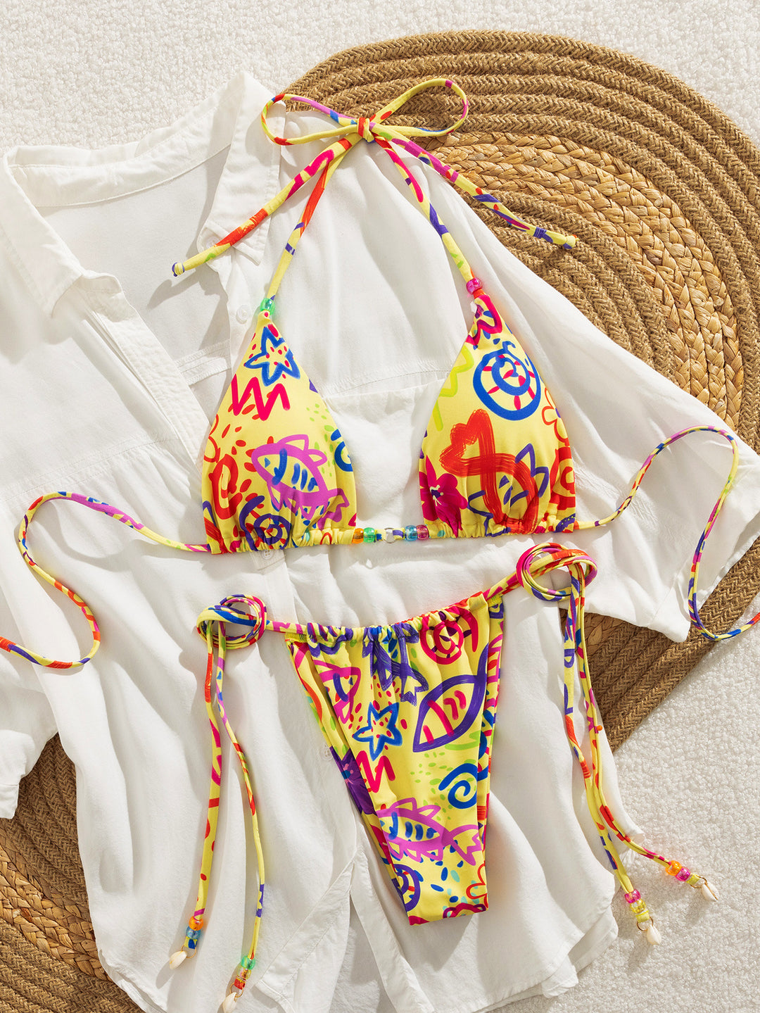 Damen Triangel-Bikini mit buntem Muster und verstellbaren Bindebänder Drune