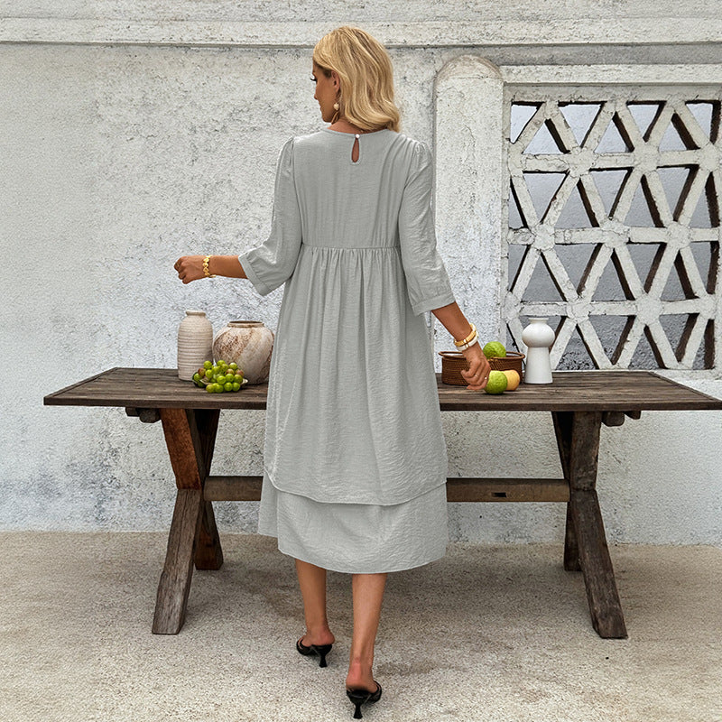 Damen lässiges Midi-Kleid mit schwingendem Rock und eleganten Puffärmeln Drune