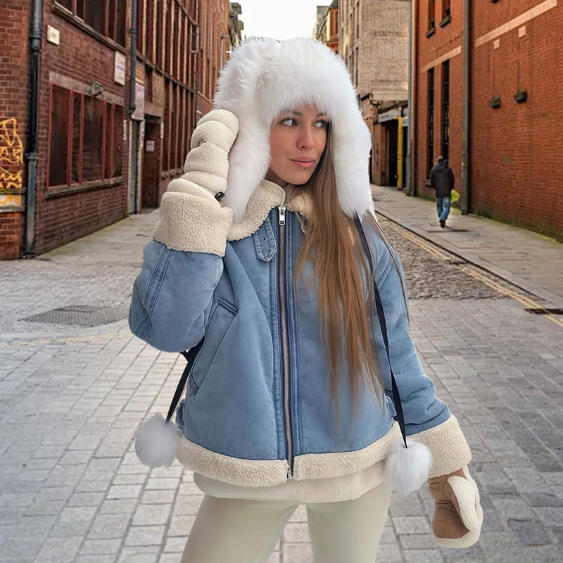 Damen modische Denimjacke mit Fellkragen und oversized Schnitt Drune