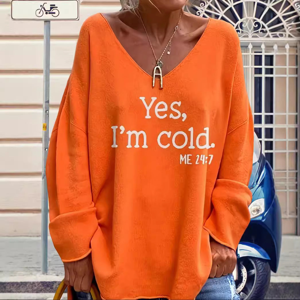 Damen Oversized Pullover mit modernem V-Ausschnitt und aufgedrucktem Statement Drune