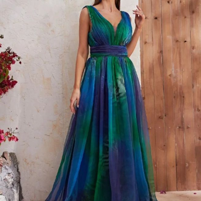 Damen elegantes Maxikleid mit fließendem Chiffon-Oberteil und V-Ausschnitt Drune