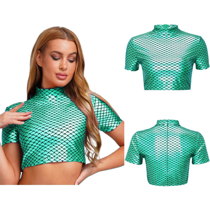 Damen Glitzerndes Cropped Shirt mit schimmerndem Fischschuppen-Muster Drune