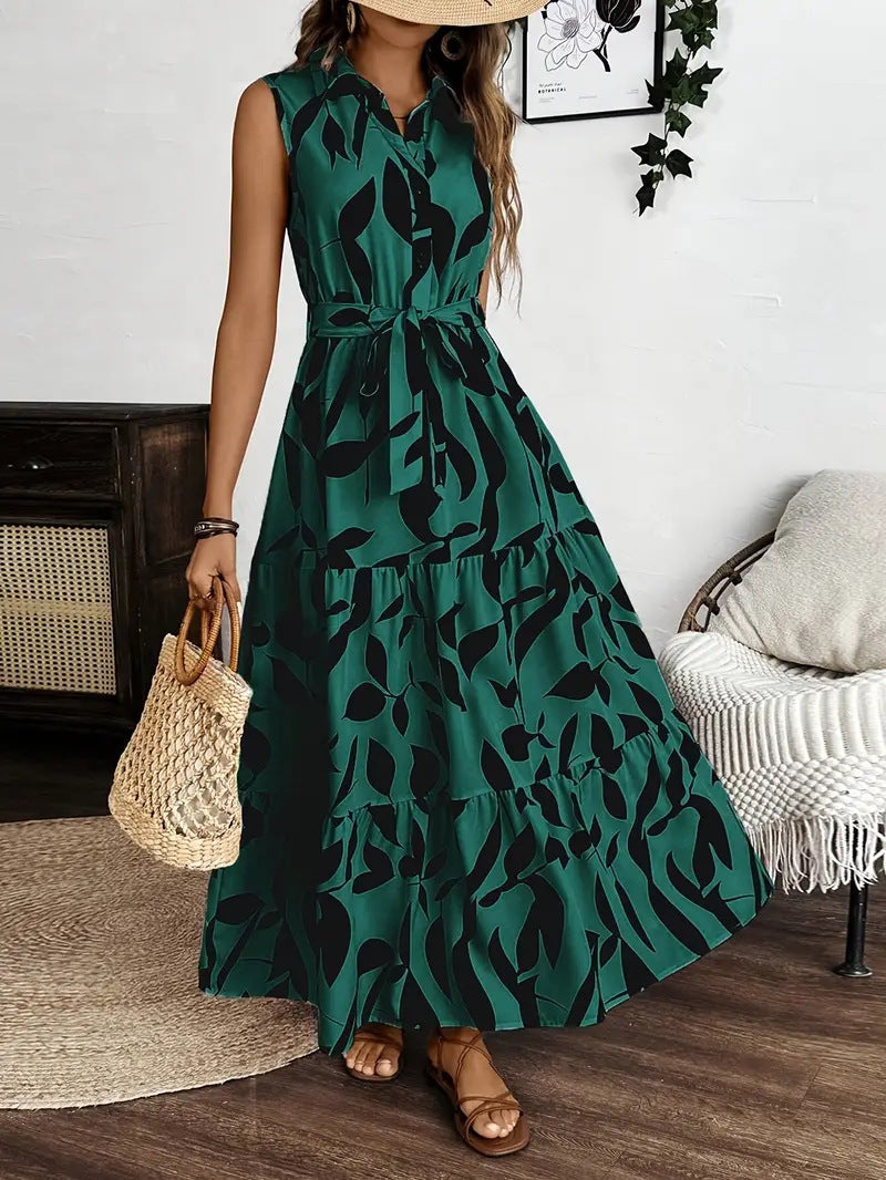 Damen Maxikleid mit Blätterdruck Drune
