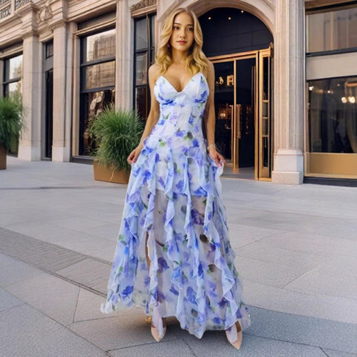 Damen Maxikleid mit floralen Rüschen und tiefem Schlitz Drune